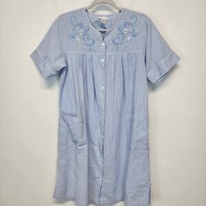 Miss Elaine Seersucker Snap Nightgown Size S Blue House Dress Cotton Floral Neck